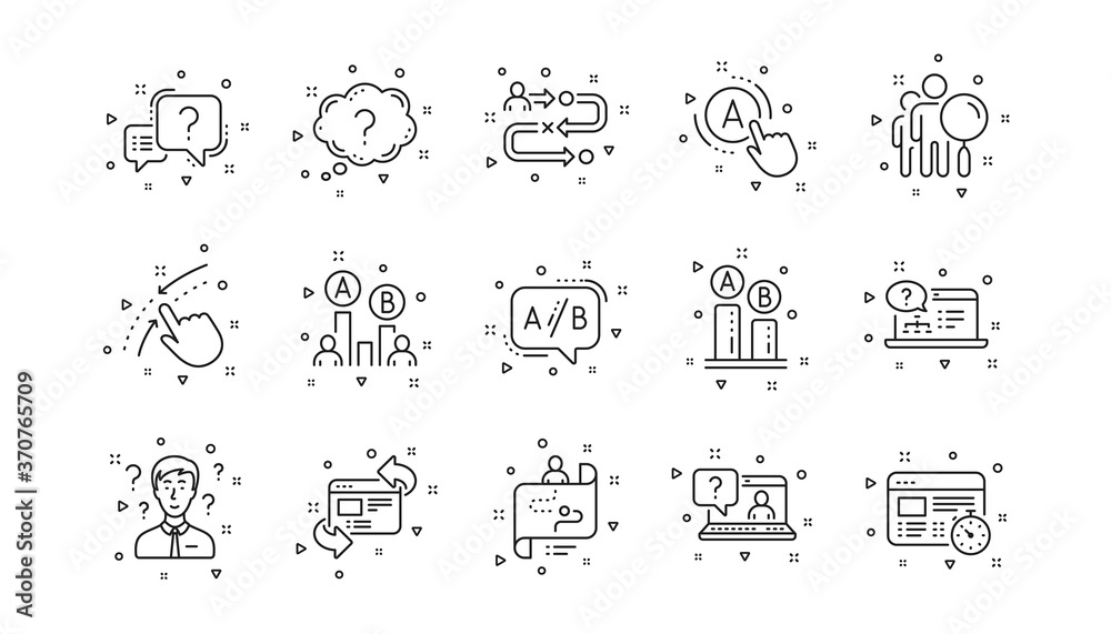 Poster ab testing, journey path map and question mark. ux line icons. quiz test linear icon set. geometric 