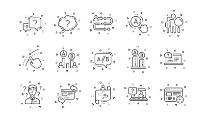 AB testing, Journey path map and Question mark. UX line icons. Quiz test linear icon set. Geometric elements. Quality signs set. Vector