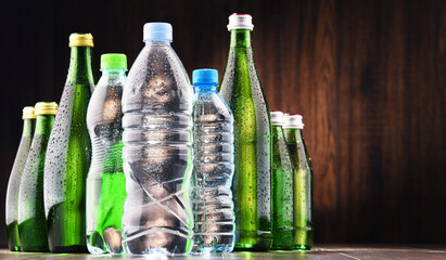 Different sorts of bottles containing mineral water