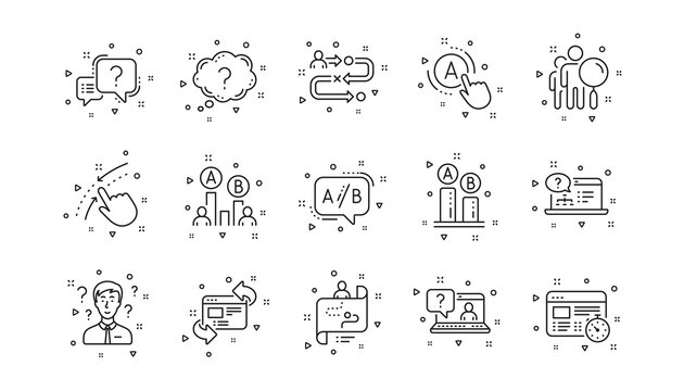 AB testing, Journey path map and Question mark. UX line icons. Quiz test linear icon set. Geometric elements. Quality signs set. Vector