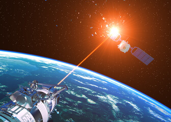 Laser Cannon Incapacitates Enemy Satellite In Space - 370765920