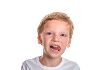 Speech therapy concept. Little boy doing exercises for correct pronunciation. Isolation on a white background. High quality photo