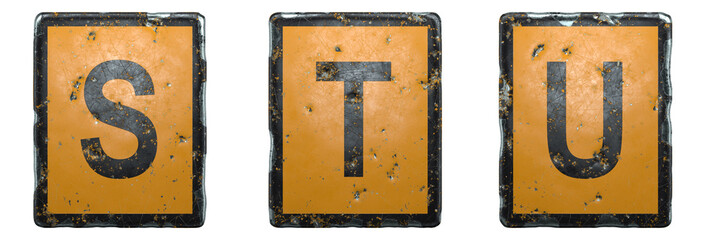Set of capital letter S, T, U made of public road sign orange and black color on white background. 3d