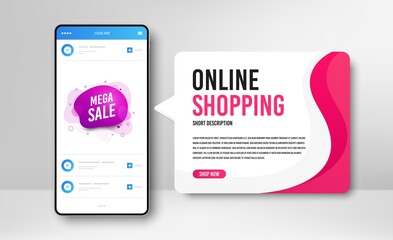 Phone banner template. Mega sale badge. Discount banner shape. Coupon bubble icon. Social media banner with smartphone screen. Online shopping web template. Mega sale promotion badge. Vector