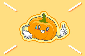 NERVOUS, PHEW, DISAPPOINTED, RELIEVED Face Emotion. Forefinger Hand Gesture. Yellow, Orange Pumpkin Fruit Cartoon Drawing Mascot Illustration.