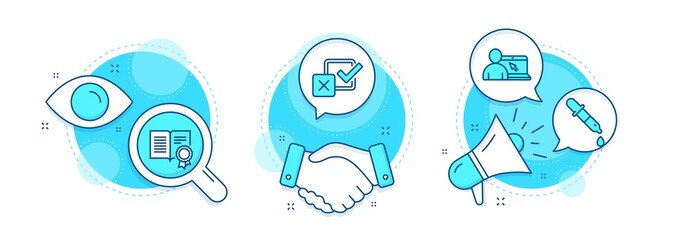 Checkbox, Online education and Diploma line icons set. Handshake deal, research and promotion complex icons. Chemistry pipette sign. Survey choice, Internet lectures, Document with badge. Vector