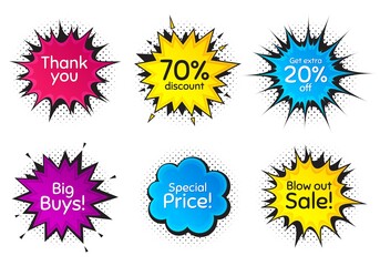 Special price, 70% discount and extra 20% off. Comic speech bubble. Thank you, hi and yeah phrases. Sale shopping text. Chat messages with phrases. Colorful texting comic speech bubble. Vector