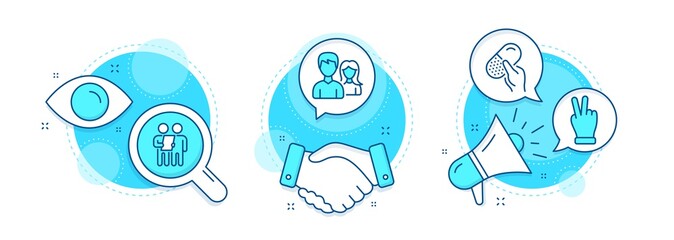 Survey, Capsule pill and Couple line icons set. Handshake deal, research and promotion complex icons. Victory hand sign. Contract, Medicine drugs, Male and female. Gesture palm. People set. Vector