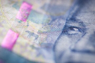 Horizontal marco detail of the image of Nelson Mandela in the obverse of South African ZAR banknote with a denomination of 100 rand.