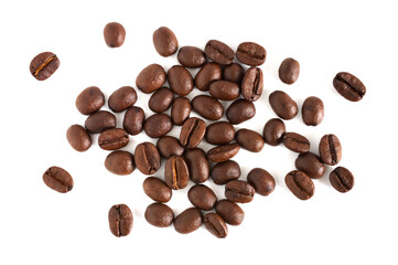 Close up,Coffee beans isolated on white background,Top view.