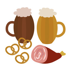 Mugs of beer, German pretzels, pork knuckle, element for design at the Oktoberfest. Vector illustration isolated.