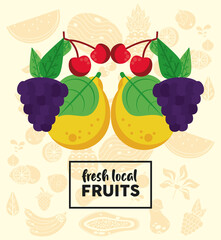 fresh local fruits lettering with grapes and fruits