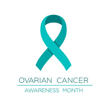 Ovarian cancer awareness month ribbon. Teal bow. Women's reproductive health poster or banner. Disease prevention, diagnosis, treatment, cure and support campaign. Vector illustration, flat, clip art