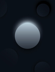 Minimal black vector background with grey 3d circle with light behind it. Product presentation or dark wallpaper.