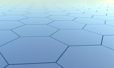 Perspective grid hexagonal surface. Geometry pattern. Abstract blue hexagon background. 3D rendering image