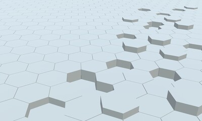Perspective grid hexagonal surface. Geometry pattern. Abstract white hexagon background. 3D rendering image
