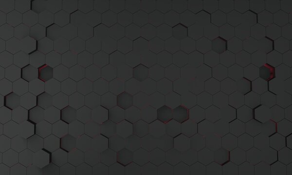 Hexagonal grid surface. Geometry pattern. Abstract black hexagon background. 3D rendering image © Itsanan