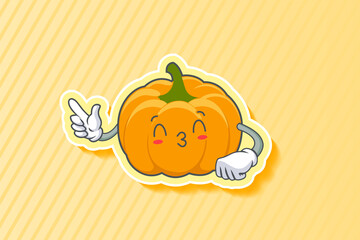 KISS, FLIRTY, SMILING EYE Face Emotion. Finger Gun Hand Gesture. Yellow, Orange Pumpkin Fruit Cartoon Drawing Mascot Illustration.