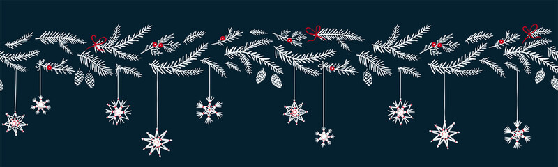 Fototapeta na wymiar Cute hand drawn horizontal seamless pattern with fir branches and hanging decoration, great for christmas banners, wallpapers, wrapping, textiles - vector design