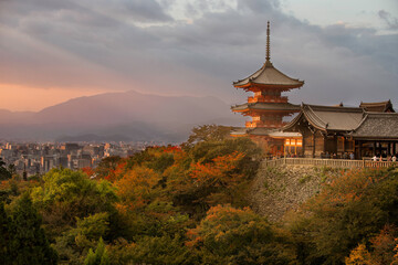 Japanese pagoda at sunset. Beautiful view in Kyoto