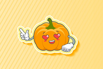 LOVELY, HAPPY, LOVING IN LOVE, HEART EYE Face Emotion. Finger Gun Hand Gesture. Yellow, Orange Pumpkin Fruit Cartoon Drawing Mascot Illustration.