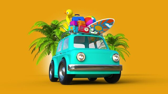 3D toon blue car loaded with surfing board, luggages, pool toys, a beach ball, beach sleepers, scuba fins and a radio on yellow background with palm trees. Summer vacation concept 3d animation.