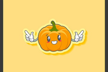 SMILING, HAPPY, GRIN SMILE Face Emotion. Double Finger Gun Hand Gesture. Yellow, Orange Pumpkin Fruit Cartoon Drawing Mascot Illustration.