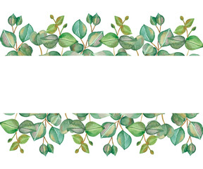 Watercolor hand painted nature greenery banner composition with green eucalyptus leaves on branches bouquet on the white background for invite and greeting card with the space for text
