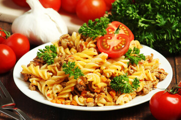 Fusilli pasta with meat and vegetables