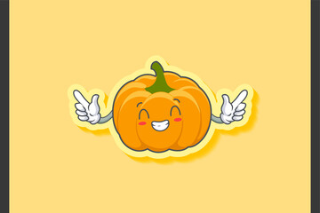 CONTENT, HAPPY , GRIN SMILE, cheerful Face Emotion. Double Finger Gun Hand Gesture. Yellow, Orange Pumpkin Fruit Cartoon Drawing Mascot Illustration.