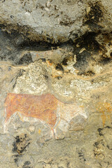 San or Bushman rock art on a sandstone cave wall near Clarence. Free State. South Africa.
