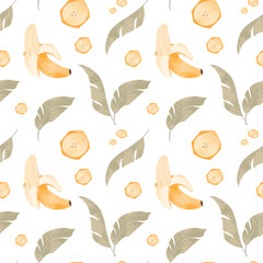 Cute kawaii seamless square pattern yellow banana on white background. Textured digital art. Print for wrapping paper, fabrics, textiles, apparel, stickers, postcards, commercial packaging, wallpaper