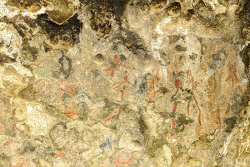 San or Bushman rock art on a sandstone cave wall near Clarence. Free State. South Africa.

