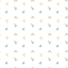 Cute kawaii seamless yellow triangle square pattern on white background. Textured digital art. Print for wrapping paper, fabrics, textiles, apparel, stickers, postcards, packaging, wallpaper