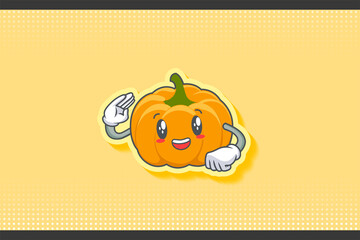 SMILING, HAPPY, cheerful Face Emotion. Salute Hand Gesture. Yellow, Orange Pumpkin Fruit Cartoon Drawing Mascot Illustration.