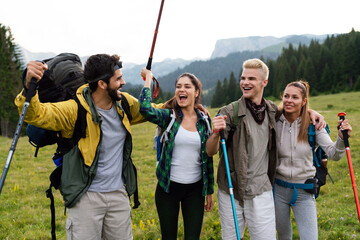 Group of friends trekking with backpacks walking in the forest