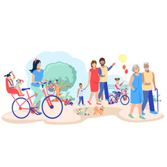 Fototapeta premium Happy family walks in the city park. Parents and children. Elderly and young couples. Family day. Vector illustration isolated on white background.