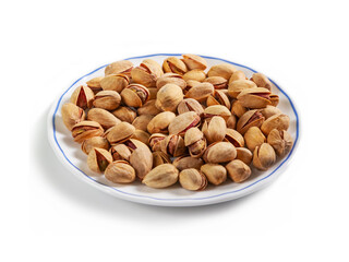 salted pistachios in a shell on a white saucer with a blue border, isolated on a white background