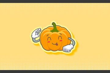 YUM, TONGUE, cheerful Face Emotion. Salute Hand Gesture. Yellow, Orange Pumpkin Fruit Cartoon Drawing Mascot Illustration.