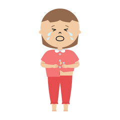 洋服のボタンを掛け違えて泣いている女の子のイラスト