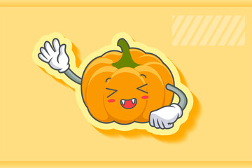 LAUGHING, HAPPY, FUN, cheerful Face Emotion. Waving Hand Gesture. Yellow, Orange Pumpkin Fruit Cartoon Drawing Mascot Illustration.