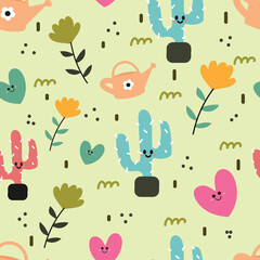 Seamless pattern with cartoon flower pot, flower, cactus, heart. hand drawn vector for fabric print, textile, gift wrapping paper