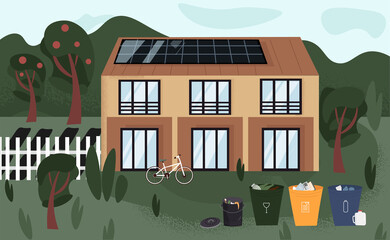Eco-house. Eco-friendly home with solar panels, waste sorting bins, vegetable garden and bike. Zero waste lifestyle. Eco-friendly lifestyle outside the city. Vector illustration in cartoon style.
