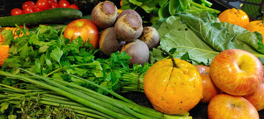 A small variety of fruits and vegetables that have just arrived from the organic fair.