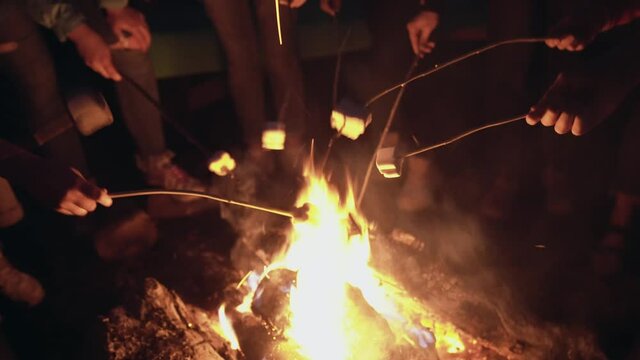 Teens roasting marshmallows on campfire.