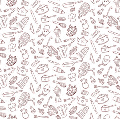 Kitchen cooking doodle line icons seamless vector pattern