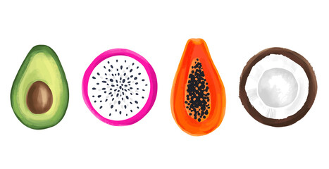 Fototapeta premium Set of tropical fruits. Vector Papaya, dragon fruits, Pitaya or Pitahaya, coconut and avocado