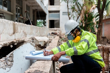 Civil Engineer People wearing face mask and safety helmet while looking to detail in drawing on the...