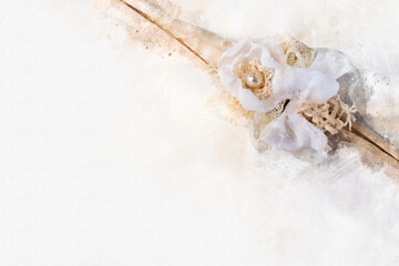 Watercolor flower background with hand made cloth flowers, card for copy space for craft	
