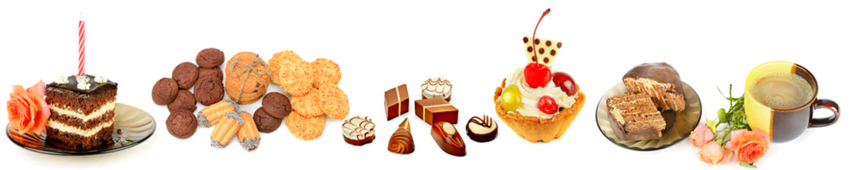 Confectionery and sweets isolated on a white background. Panoramic collage. Wide photo.